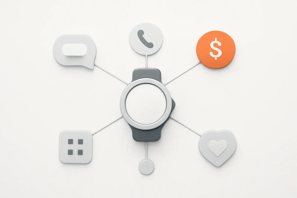 Pixel Watch 4 sem telemóvel Pixel com funções essenciais em Wear OS representadas por ícones abstratos