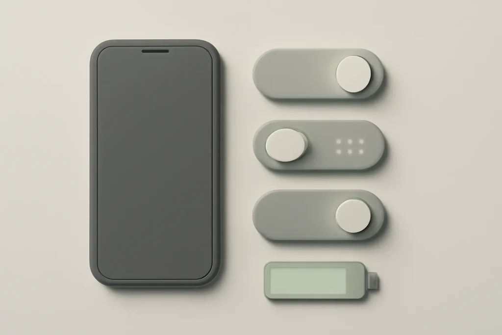 Metáfora visual de ajustes práticos para melhorar bateria Android, com controlos e nível de bateria.