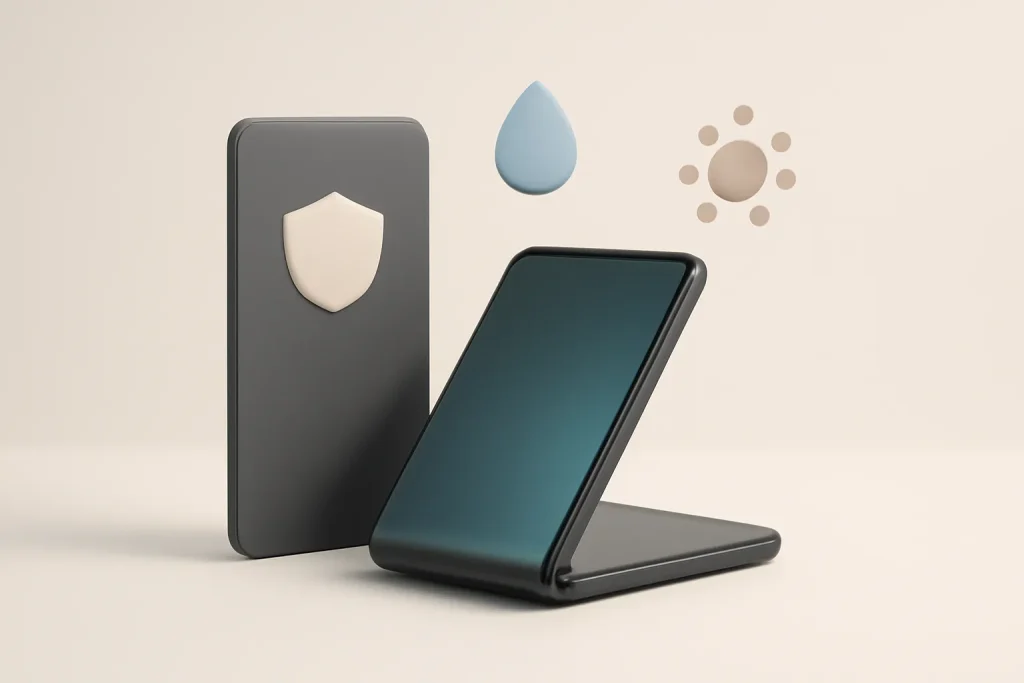 Metáfora de risco-benefício em Galaxy Z TriFold vs Huawei Mate XT: ecrã exposto, capa protetora e resistência a água/partículas.