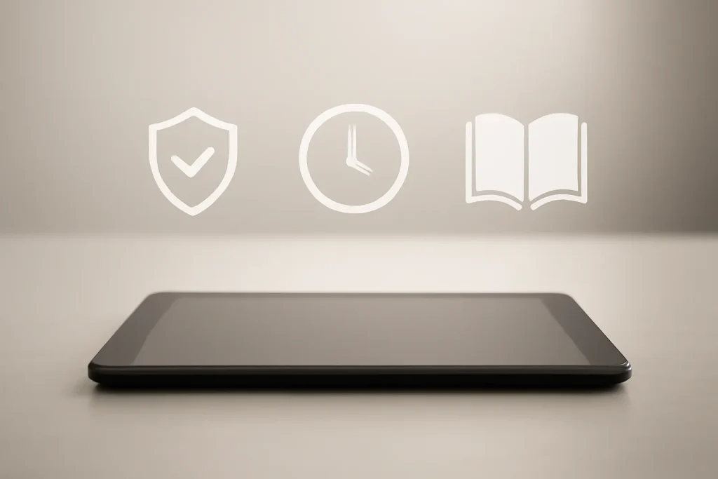 Composição simbólica sobre melhores tablets para crianças 2026 com tablet genérico e ícones de segurança, tempo e aprendizagem.