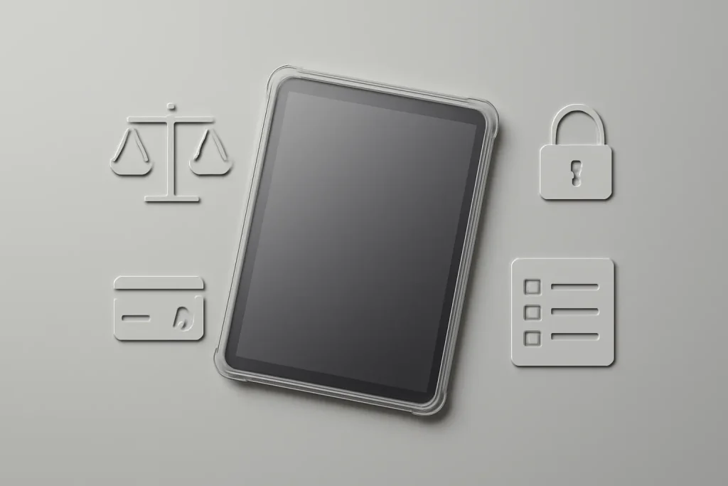 Metáfora visual para melhores tablets para crianças 2026 com tablet genérico, cadeado de privacidade e checklist de controlos parentais.