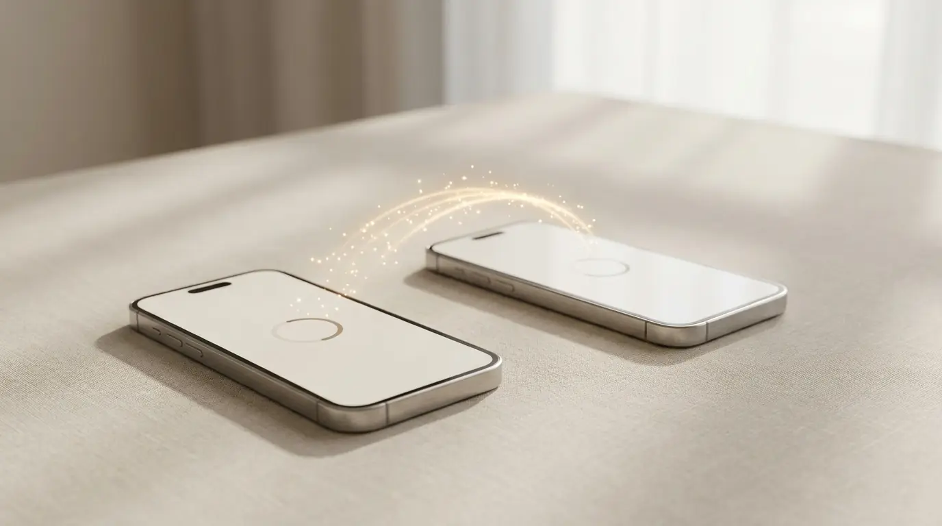 Dois smartphones lado a lado com transferência de dados entre os ecrãs