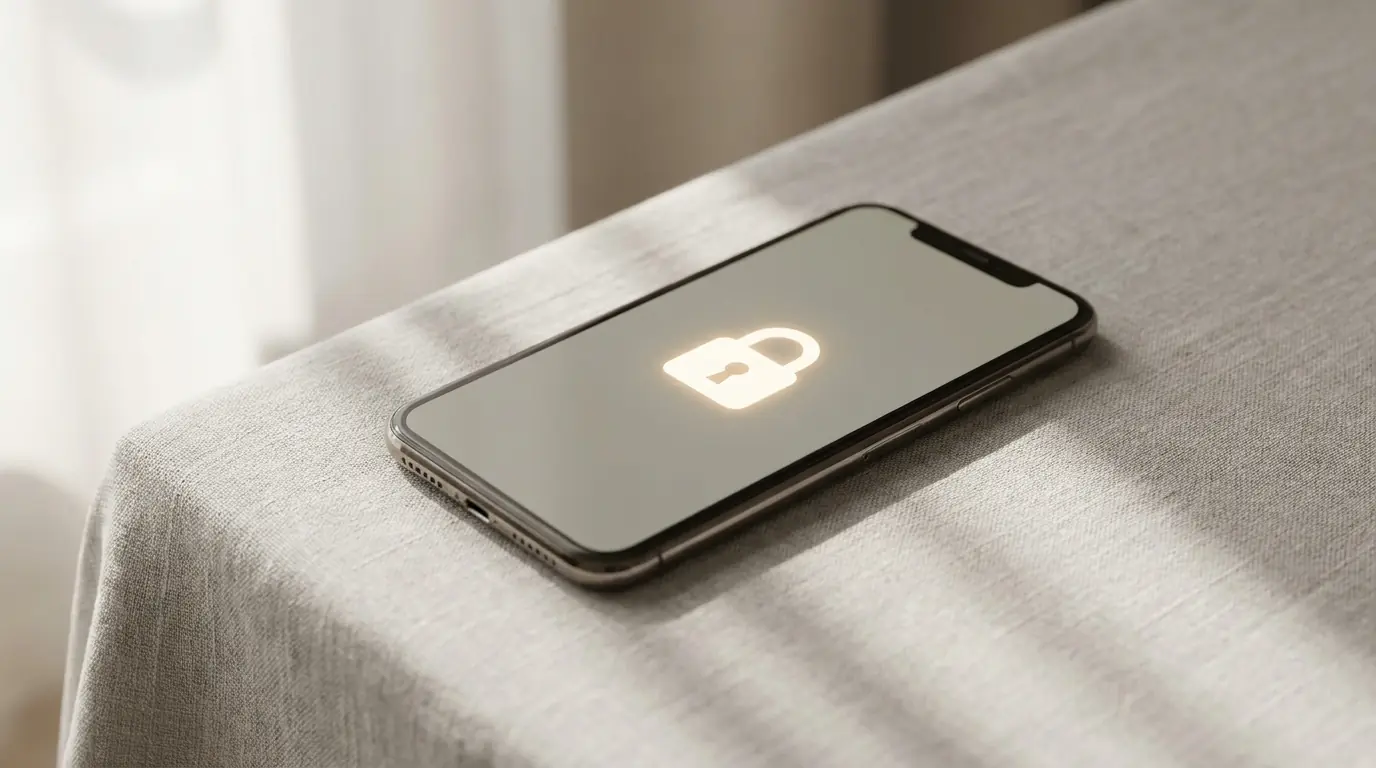 Smartphone com ícone de cadeado no ecrã, sobre uma superfície neutra