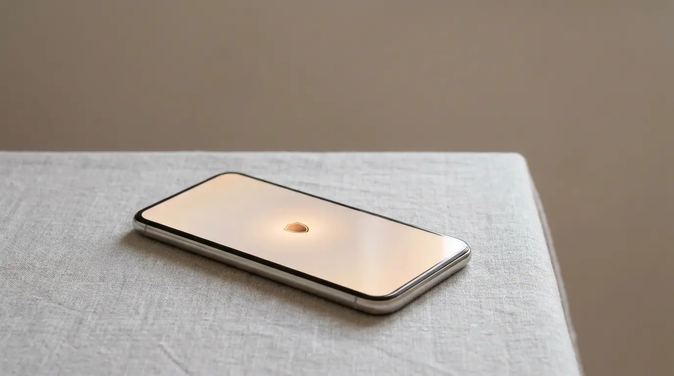 Smartphone com ecrã limpo e símbolo de proteção, apagado em segurança