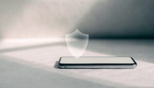 O meu telemóvel tem vírus? Quase de certeza que não 3 Smartphone com um escudo de proteção, a ilustrar a desmistificação de vírus no telemóvel